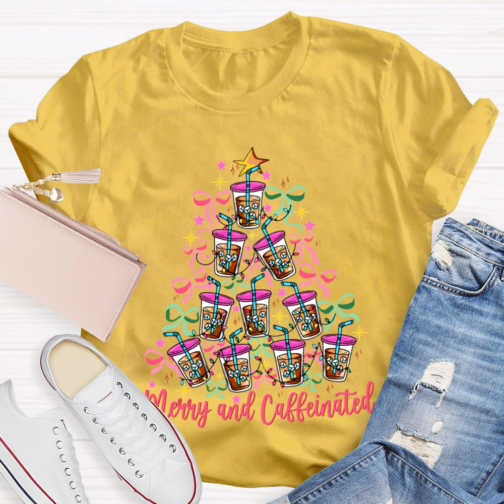 Merry And Caffeinated Colorful Bows And Coffee Christmas T-shirt