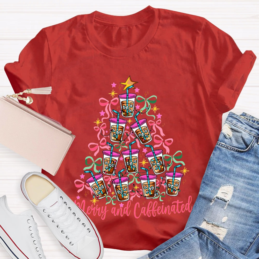Merry And Caffeinated Colorful Bows And Coffee Christmas T-shirt