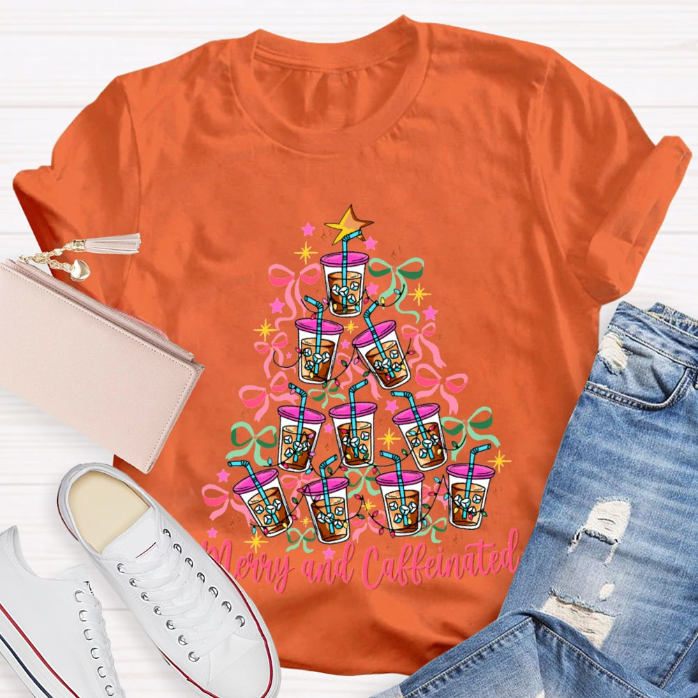 Merry And Caffeinated Colorful Bows And Coffee Christmas T-shirt