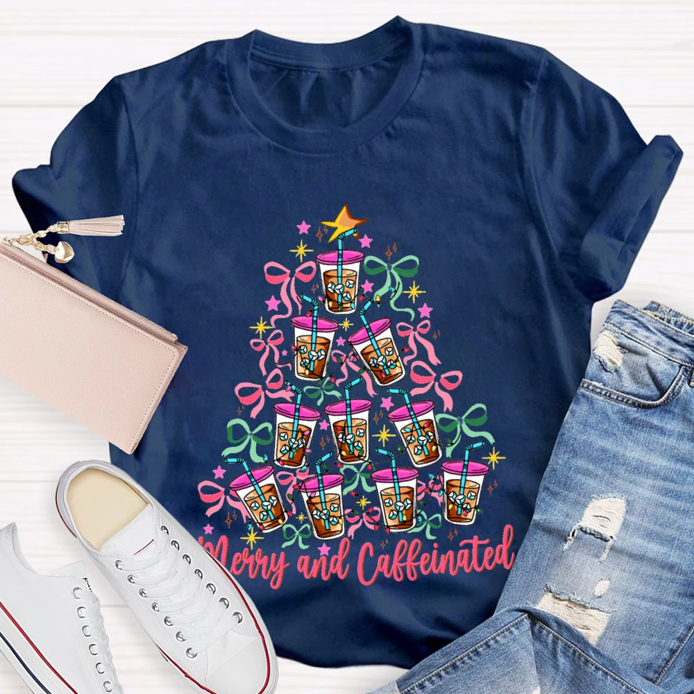Merry And Caffeinated Colorful Bows And Coffee Christmas T-shirt