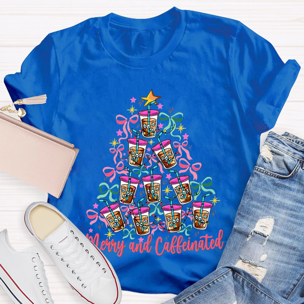 Merry And Caffeinated Colorful Bows And Coffee Christmas T-shirt