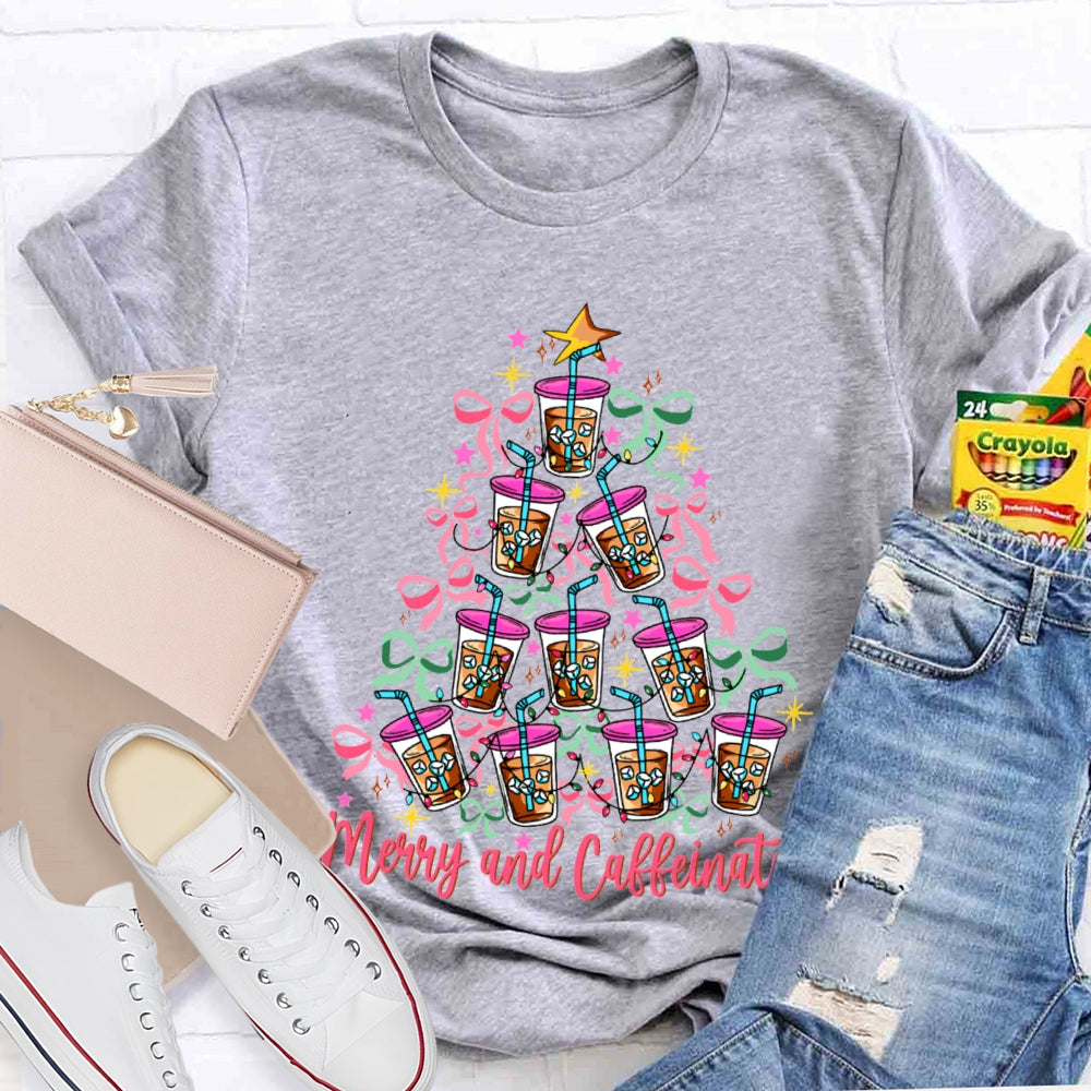 Merry And Caffeinated Colorful Bows And Coffee Christmas T-shirt