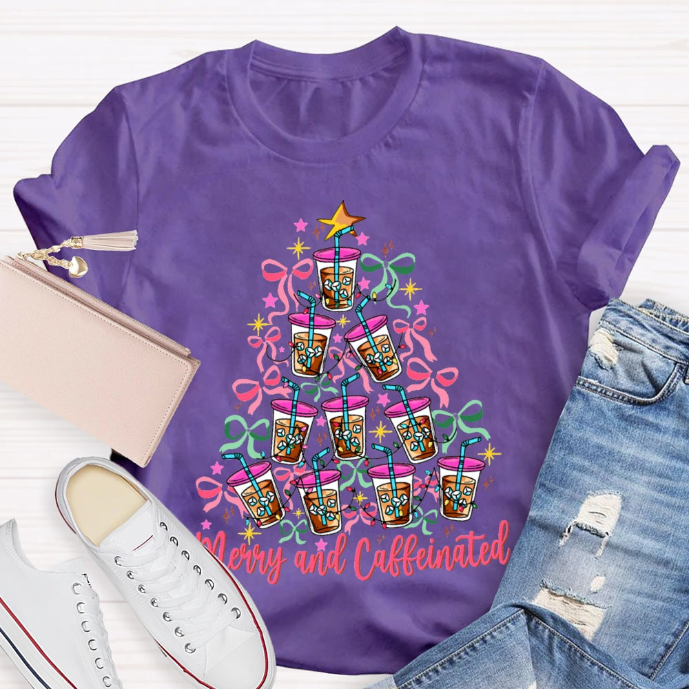 Merry And Caffeinated Colorful Bows And Coffee Christmas T-shirt