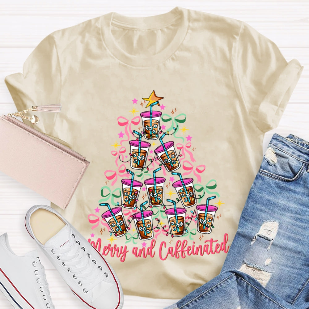 Merry And Caffeinated Colorful Bows And Coffee Christmas T-shirt
