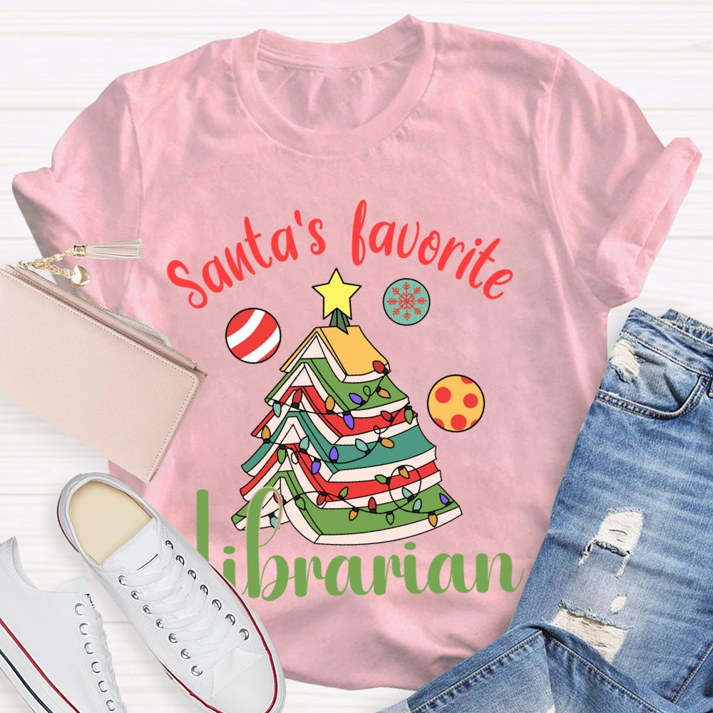 Santa'S Favorite Librarian Christmas Books And Lights T-shirt