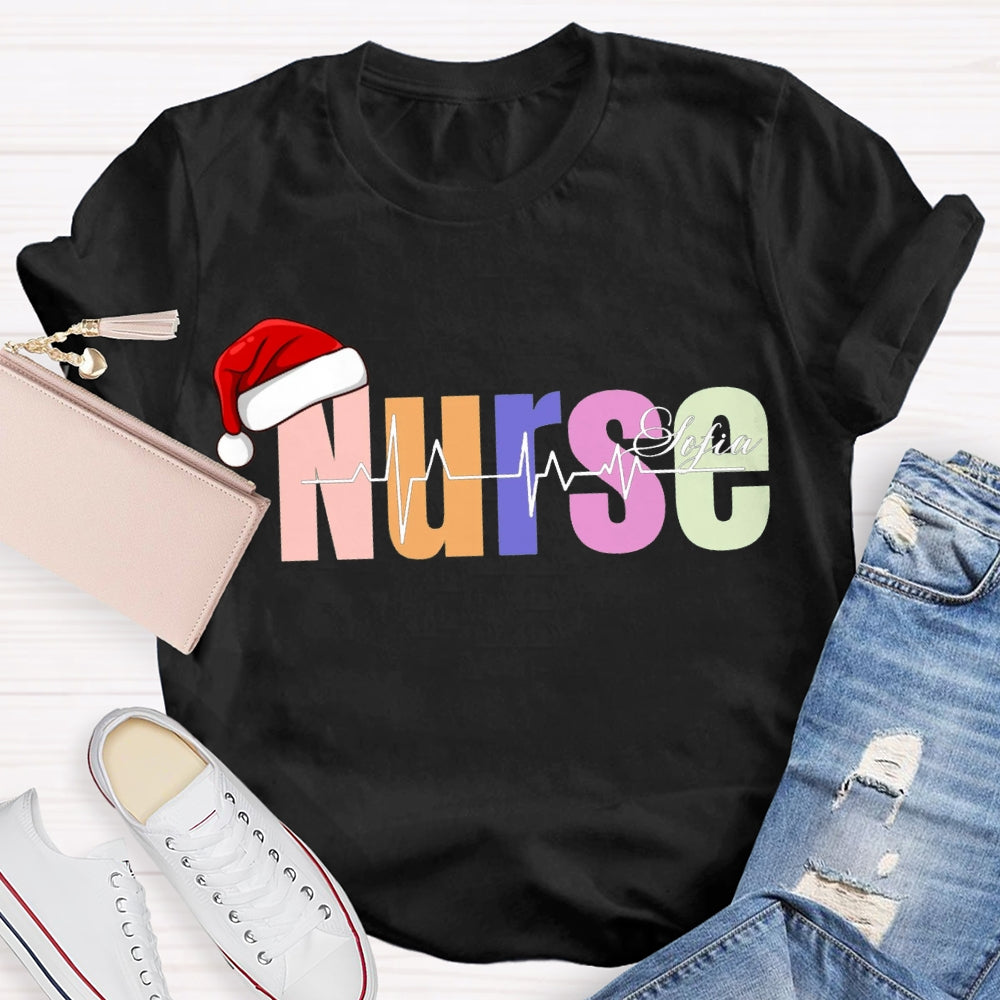 Personalized Name Christmas Nurse Santa Hat And Colorful Fonts T-shirt