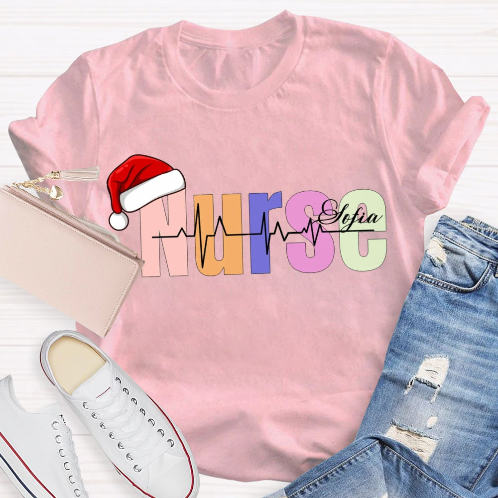 Personalized Name Christmas Nurse Santa Hat And Colorful Fonts T-shirt