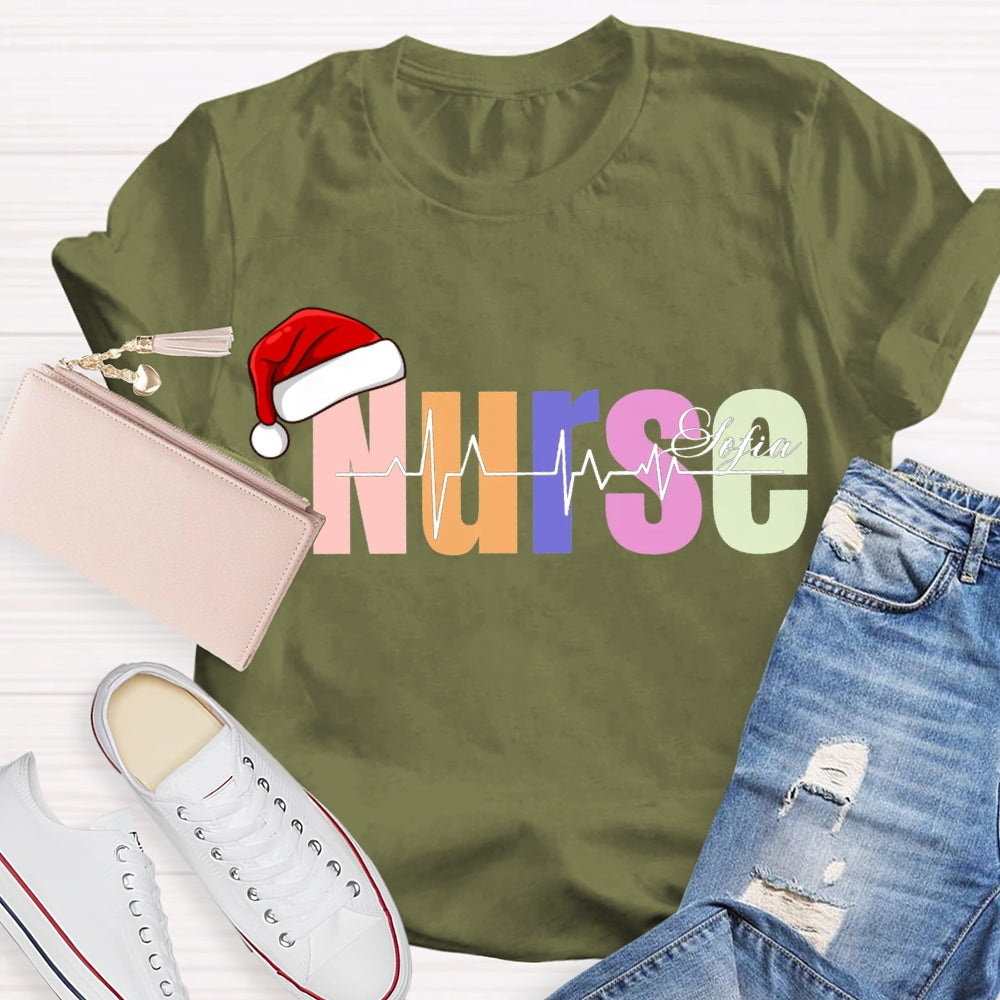 Personalized Name Christmas Nurse Santa Hat And Colorful Fonts T-shirt