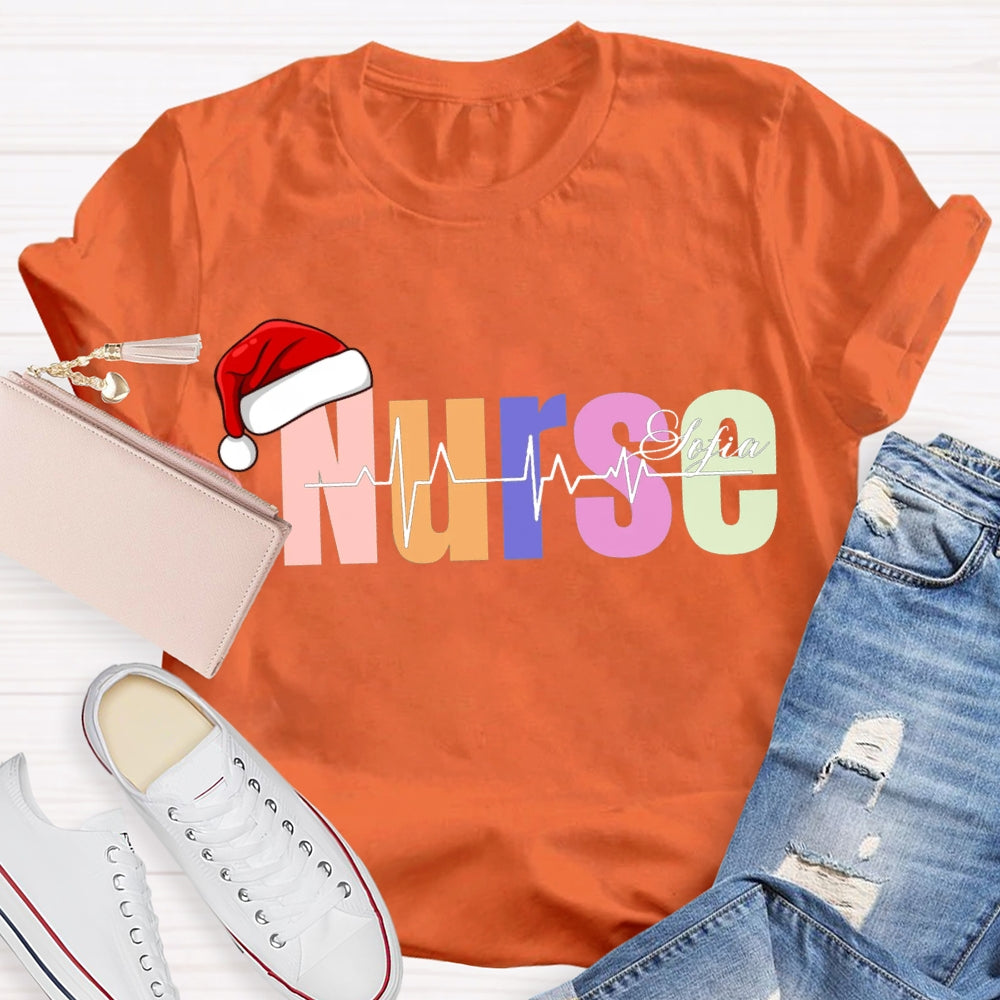 Personalized Name Christmas Nurse Santa Hat And Colorful Fonts T-shirt