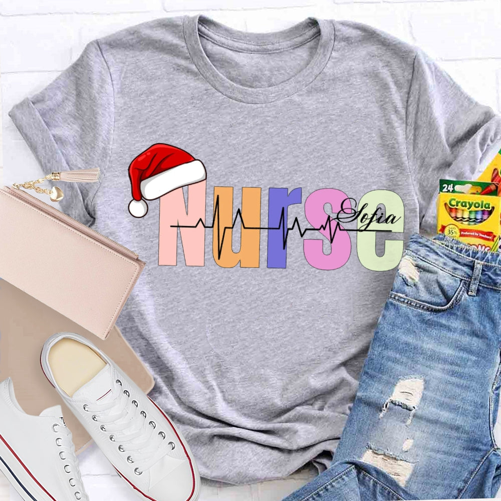 Personalized Name Christmas Nurse Santa Hat And Colorful Fonts T-shirt