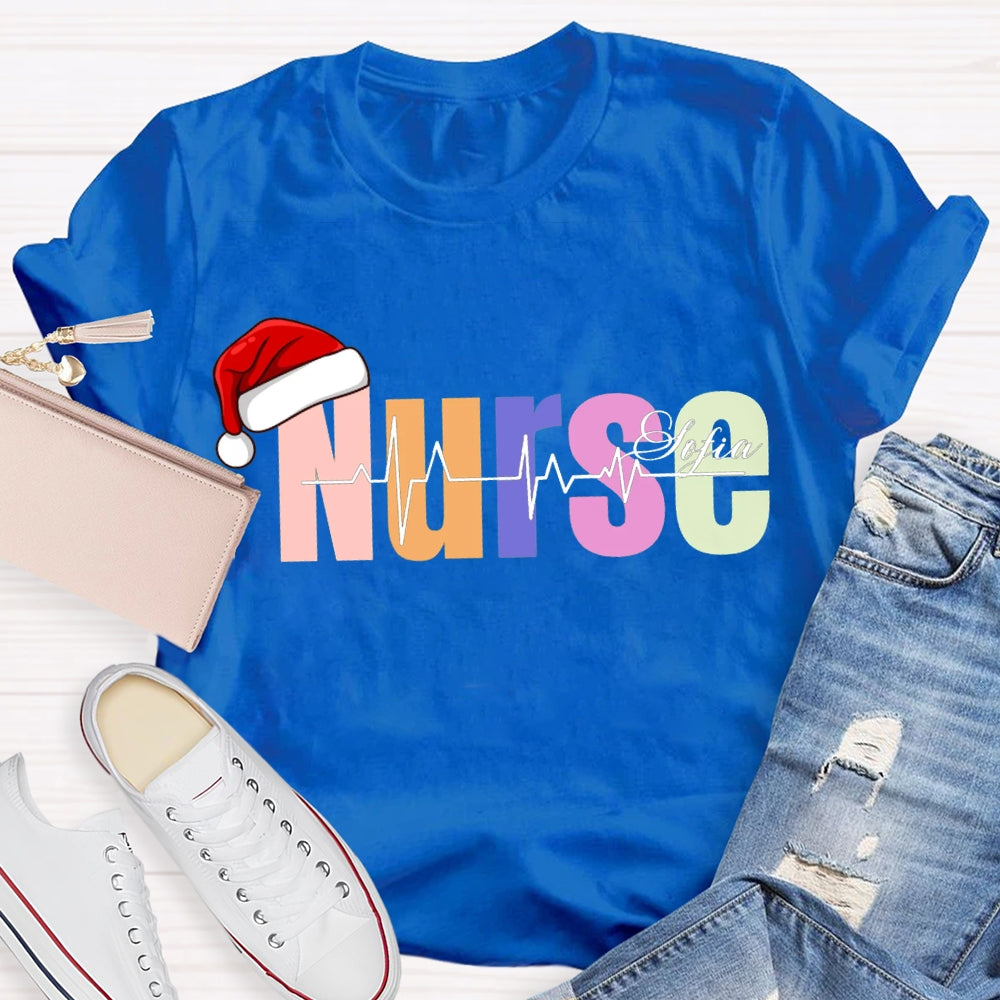 Personalized Name Christmas Nurse Santa Hat And Colorful Fonts T-shirt