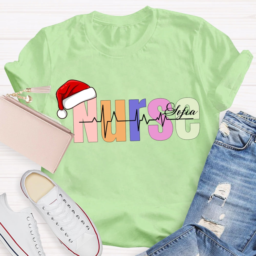 Personalized Name Christmas Nurse Santa Hat And Colorful Fonts T-shirt