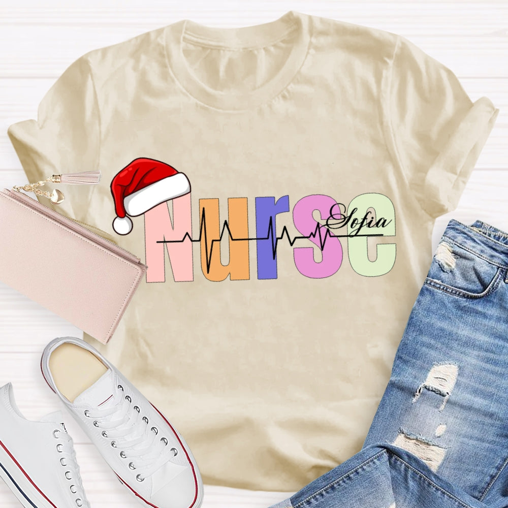 Personalized Name Christmas Nurse Santa Hat And Colorful Fonts T-shirt