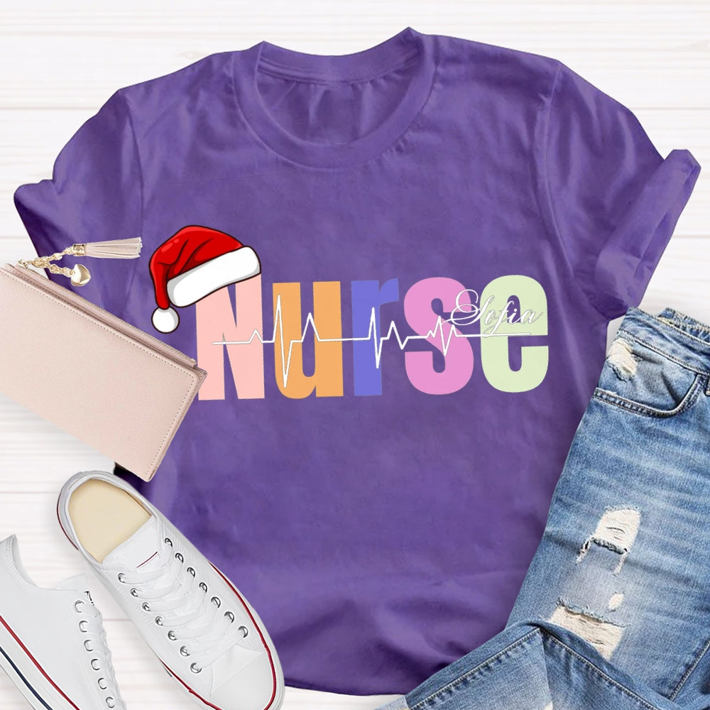Personalized Name Christmas Nurse Santa Hat And Colorful Fonts T-shirt