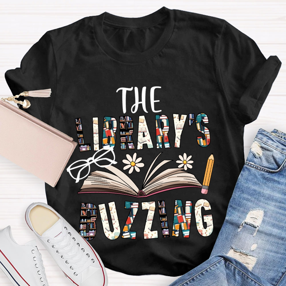 The Librarian Buzzing Books And Colored Fonts T-shirt