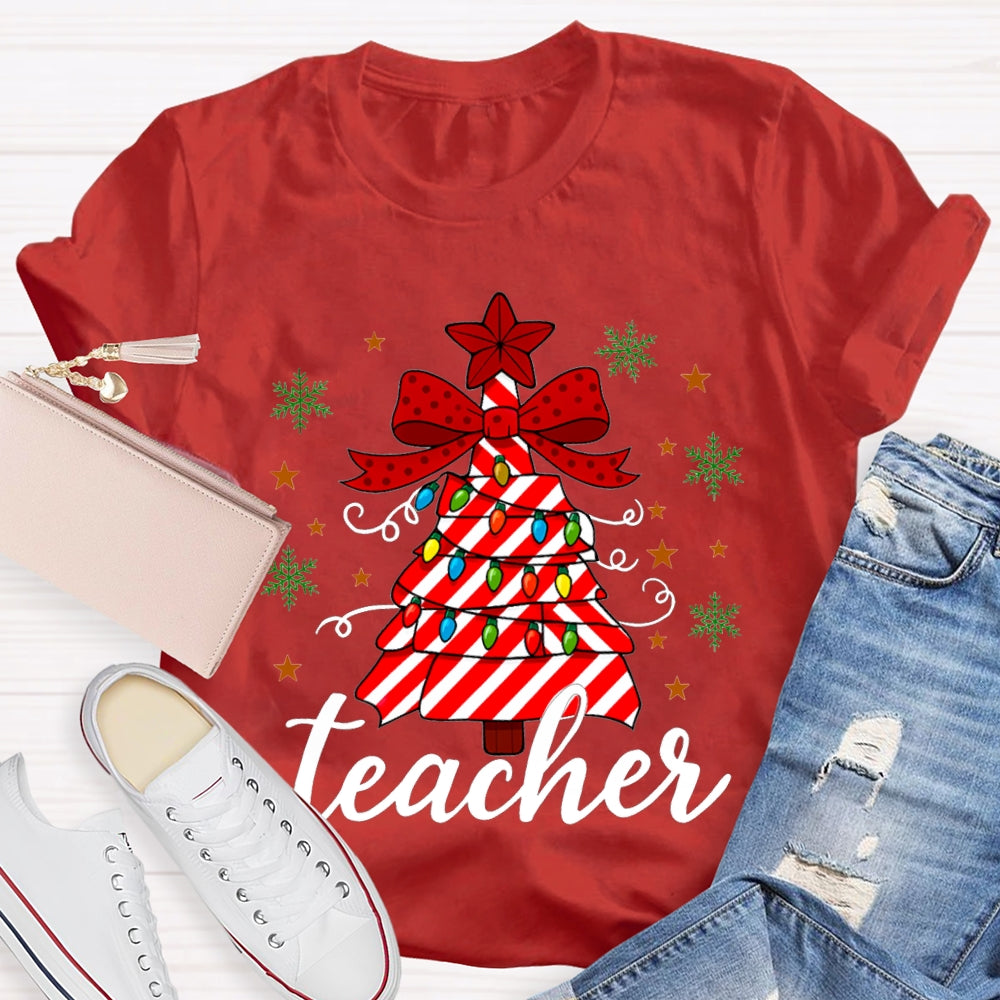Bow Christmas Tree And Colorful Lights Teacher Christmas T-shirt