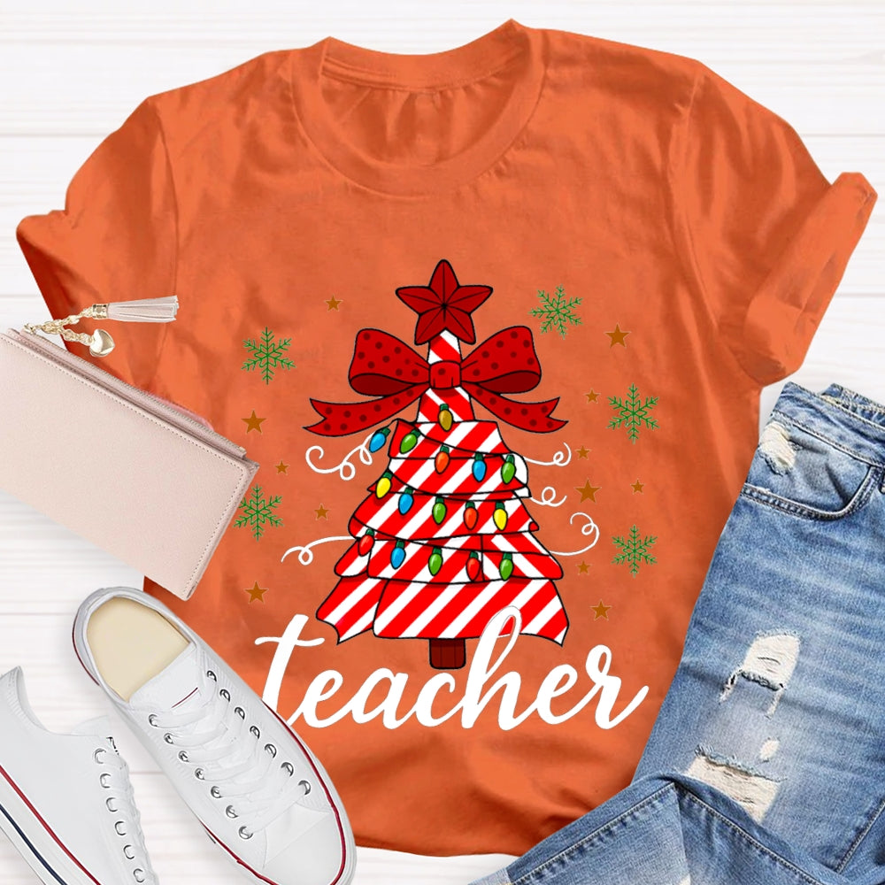 Bow Christmas Tree And Colorful Lights Teacher Christmas T-shirt