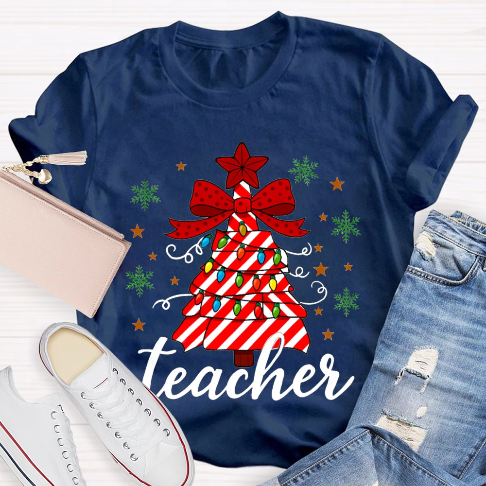 Bow Christmas Tree And Colorful Lights Teacher Christmas T-shirt