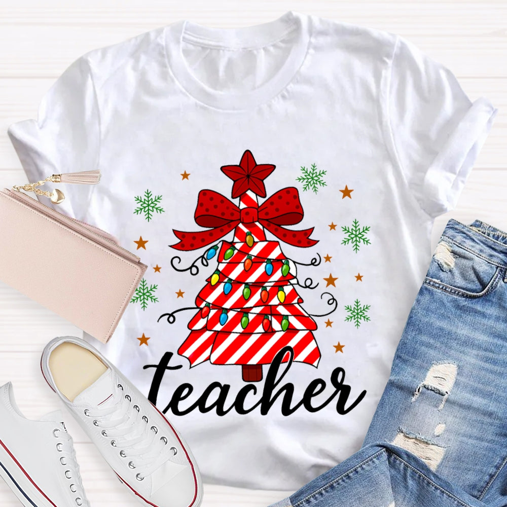 Bow Christmas Tree And Colorful Lights Teacher Christmas T-shirt