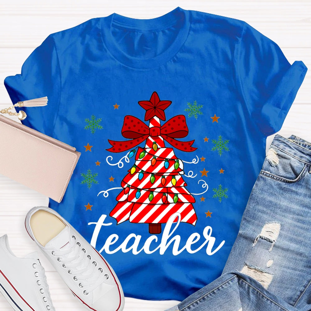 Bow Christmas Tree And Colorful Lights Teacher Christmas T-shirt