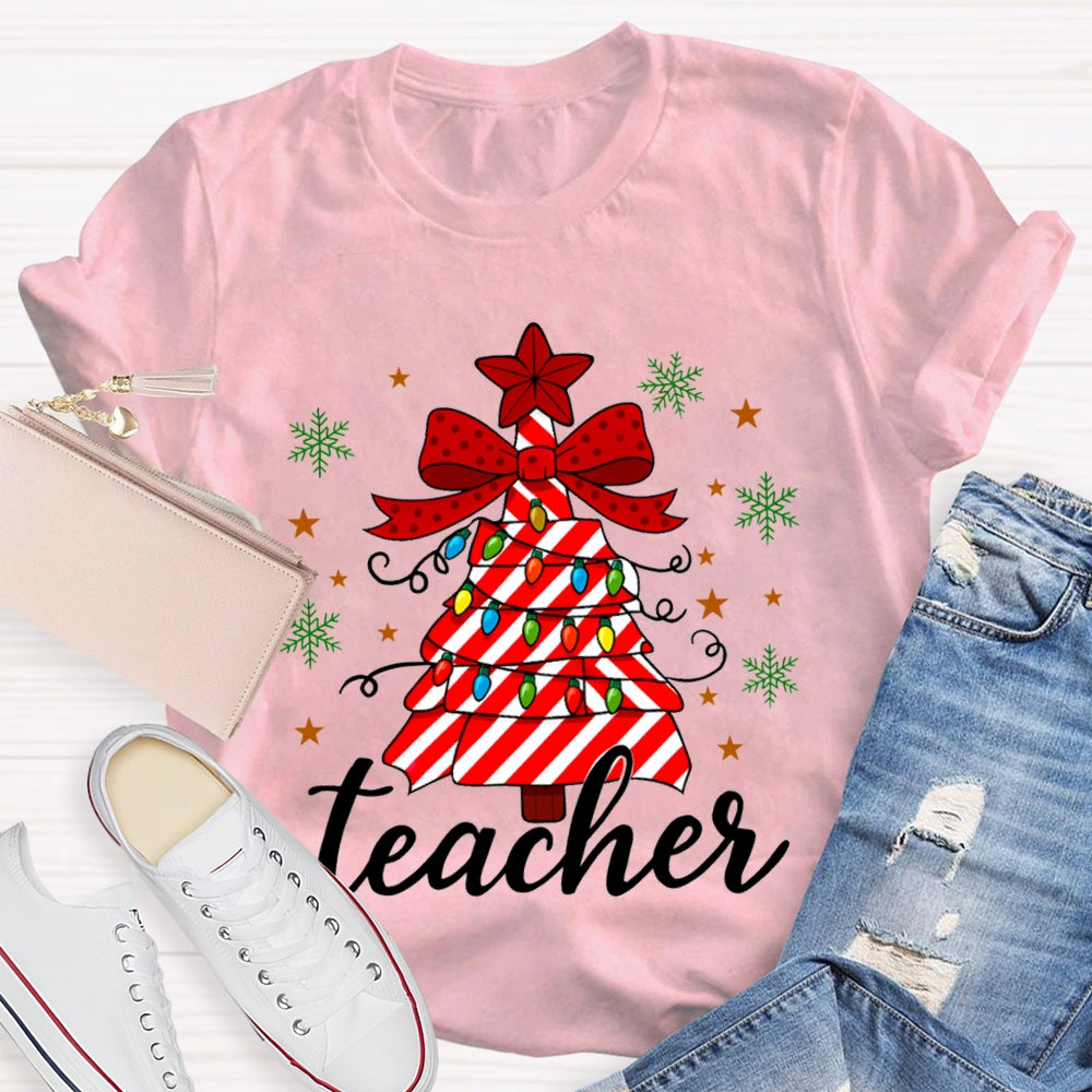 Bow Christmas Tree And Colorful Lights Teacher Christmas T-shirt