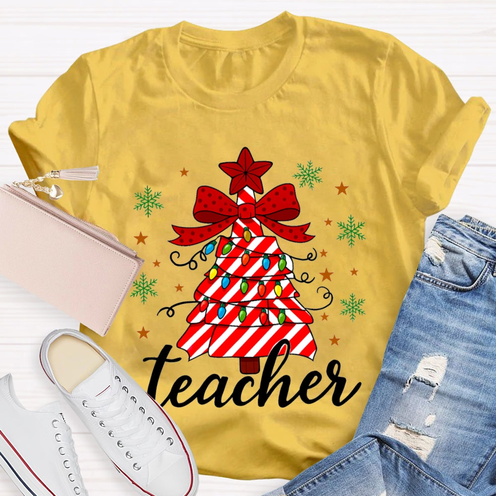 Bow Christmas Tree And Colorful Lights Teacher Christmas T-shirt