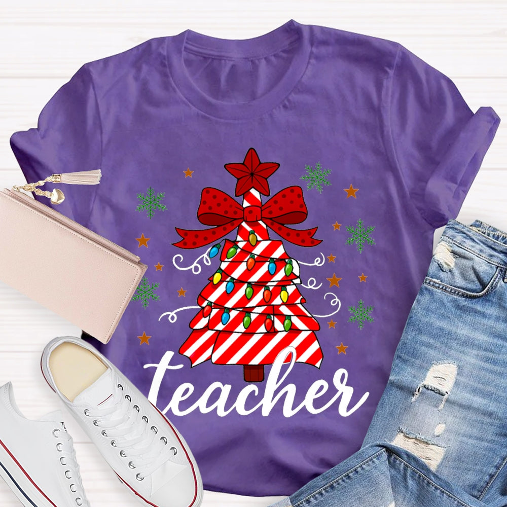 Bow Christmas Tree And Colorful Lights Teacher Christmas T-shirt