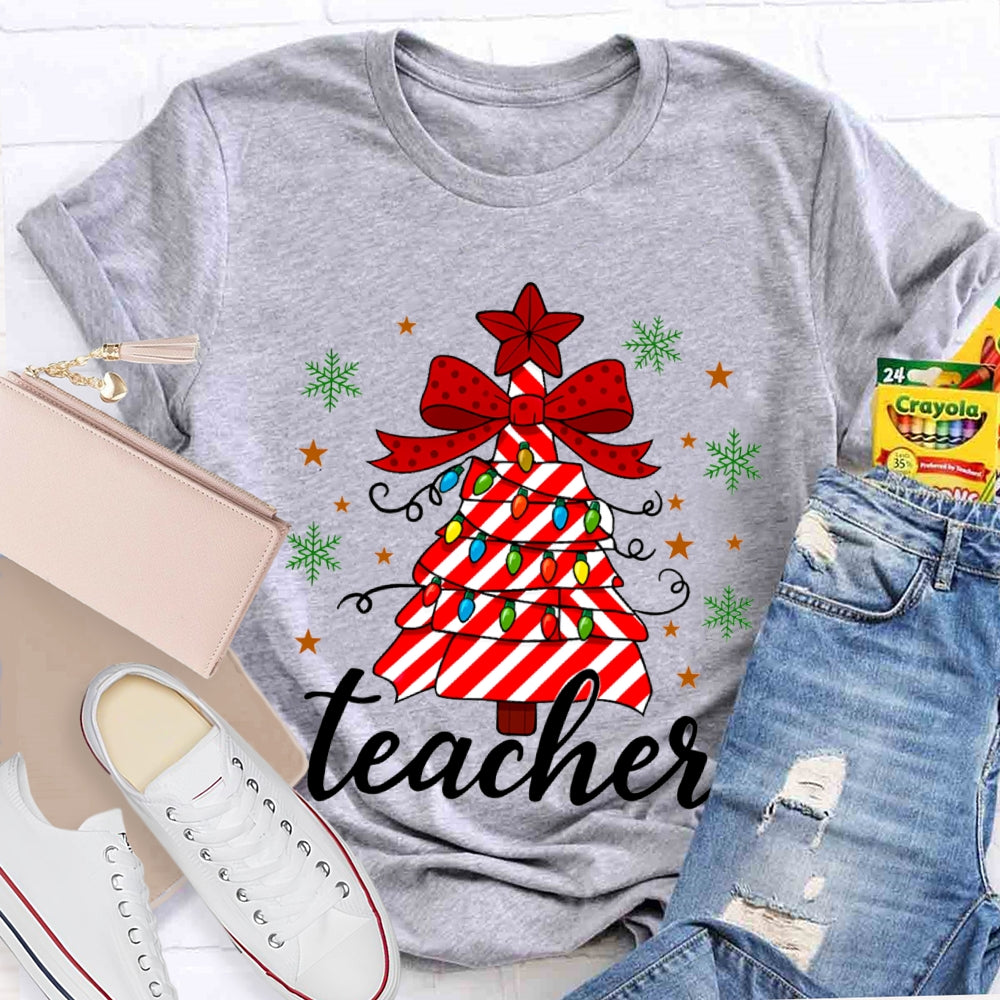 Bow Christmas Tree And Colorful Lights Teacher Christmas T-shirt