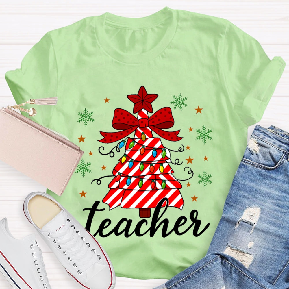 Bow Christmas Tree And Colorful Lights Teacher Christmas T-shirt