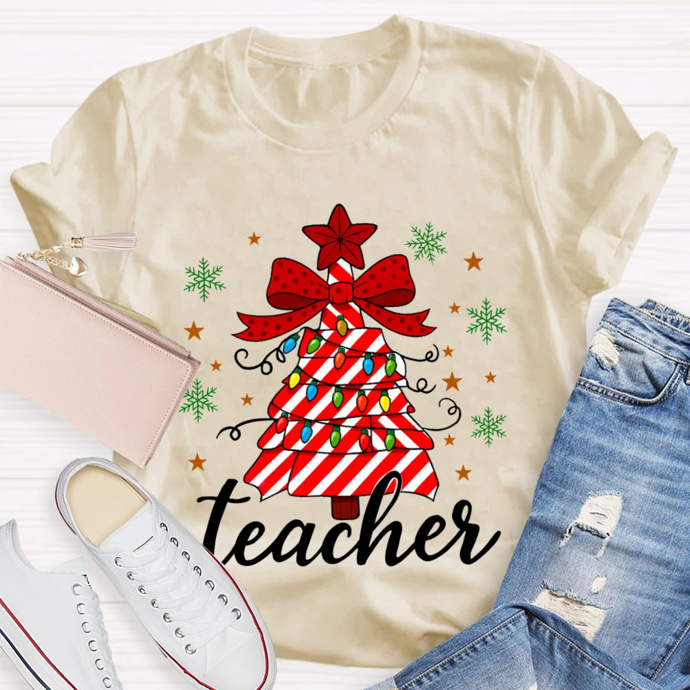 Bow Christmas Tree And Colorful Lights Teacher Christmas T-shirt