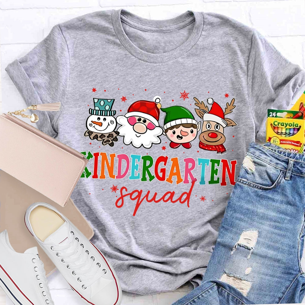 Personalized Grade Kindergarten Squad Santa Claus And Colorful Fonts Christmas T-shirt