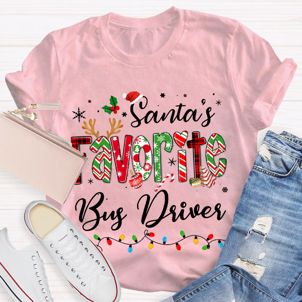 Santa Favorite Bus Driver Christmas Lights And Colorful Fonts Christmas T-shirt