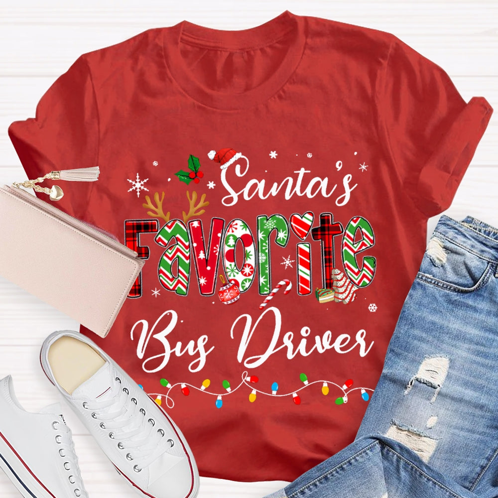 Santa Favorite Bus Driver Christmas Lights And Colorful Fonts Christmas T-shirt