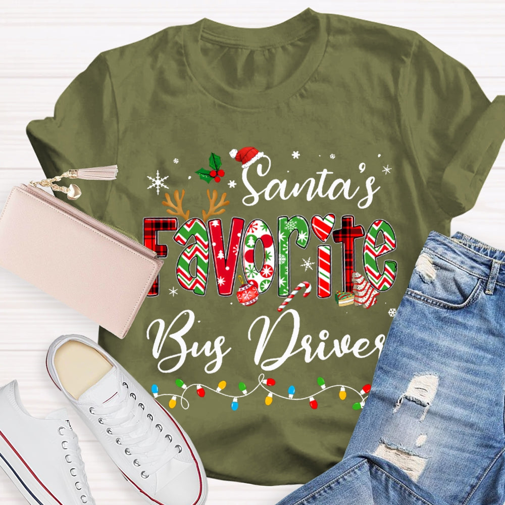 Santa Favorite Bus Driver Christmas Lights And Colorful Fonts Christmas T-shirt