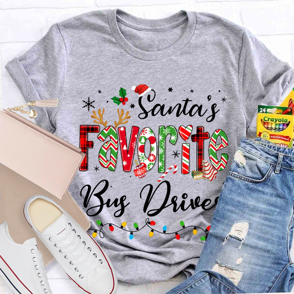 Santa Favorite Bus Driver Christmas Lights And Colorful Fonts Christmas T-shirt