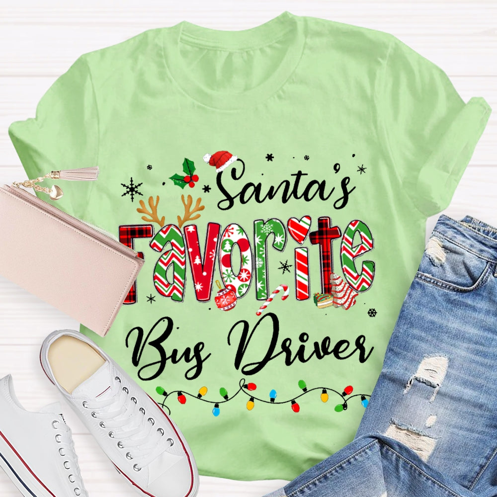 Santa Favorite Bus Driver Christmas Lights And Colorful Fonts Christmas T-shirt