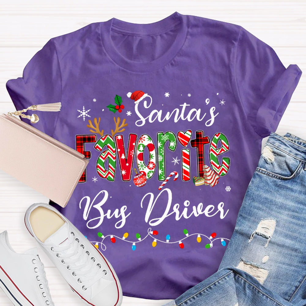 Santa Favorite Bus Driver Christmas Lights And Colorful Fonts Christmas T-shirt