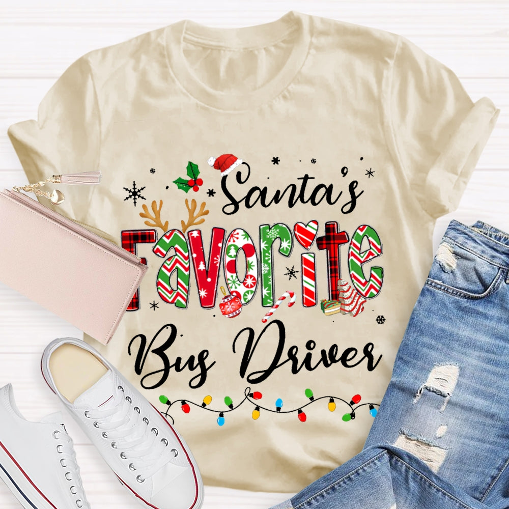 Santa Favorite Bus Driver Christmas Lights And Colorful Fonts Christmas T-shirt