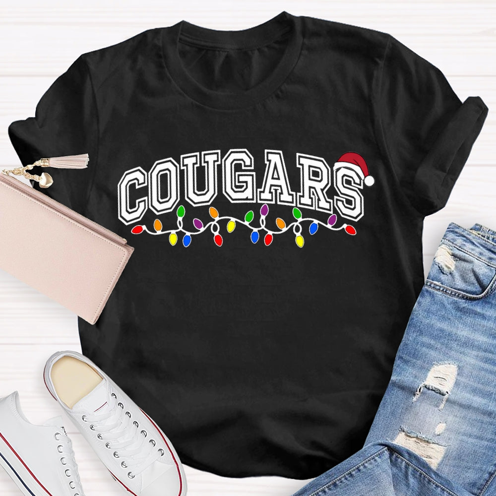 Personalized School Mascot Cougars Santa Hats And Christmas Lights T-shirt