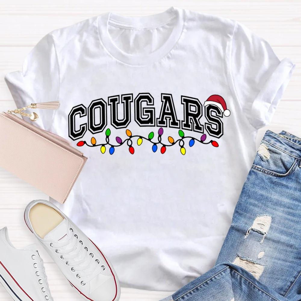Personalized School Mascot Cougars Santa Hats And Christmas Lights T-shirt