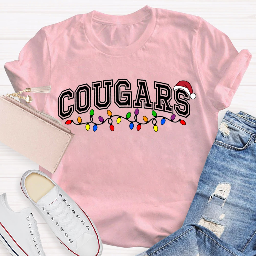 Personalized School Mascot Cougars Santa Hats And Christmas Lights T-shirt
