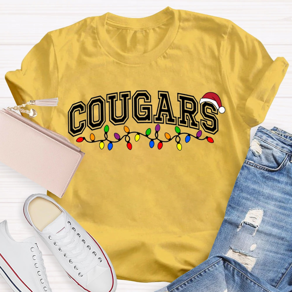 Personalized School Mascot Cougars Santa Hats And Christmas Lights T-shirt
