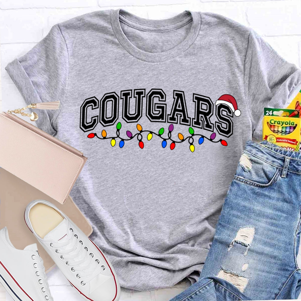 Personalized School Mascot Cougars Santa Hats And Christmas Lights T-shirt