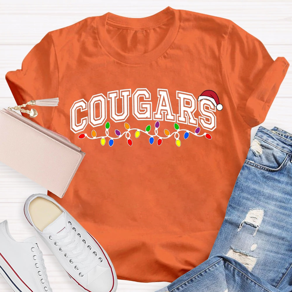 Personalized School Mascot Cougars Santa Hats And Christmas Lights T-shirt