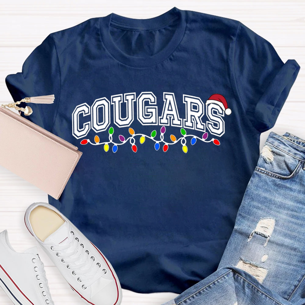 Personalized School Mascot Cougars Santa Hats And Christmas Lights T-shirt