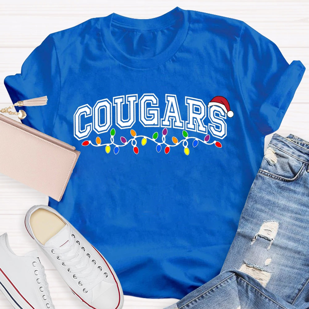 Personalized School Mascot Cougars Santa Hats And Christmas Lights T-shirt