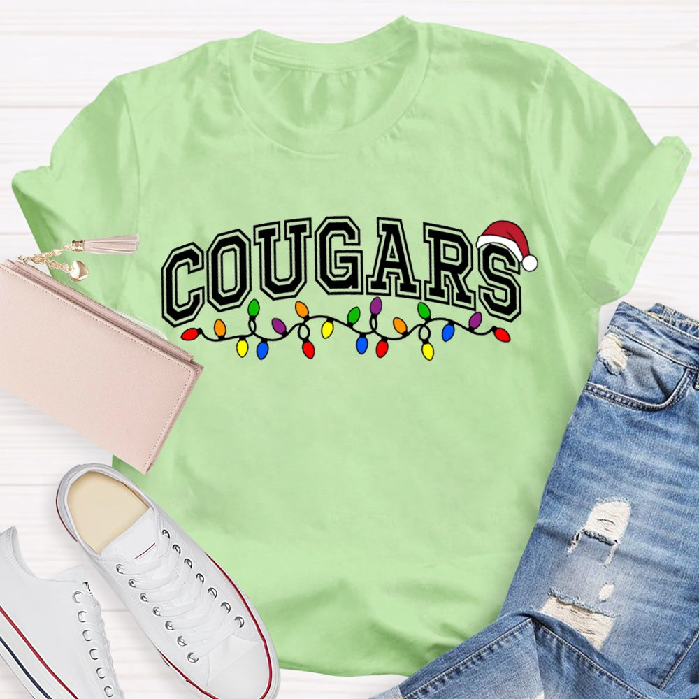 Personalized School Mascot Cougars Santa Hats And Christmas Lights T-shirt