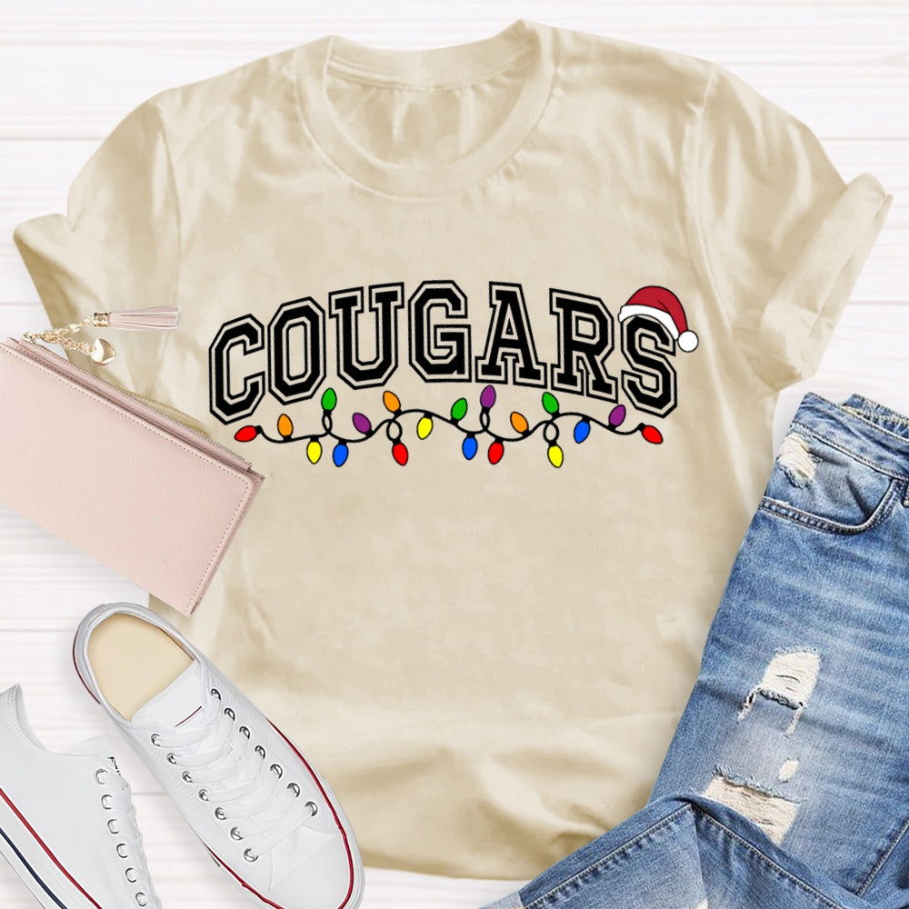Personalized School Mascot Cougars Santa Hats And Christmas Lights T-shirt