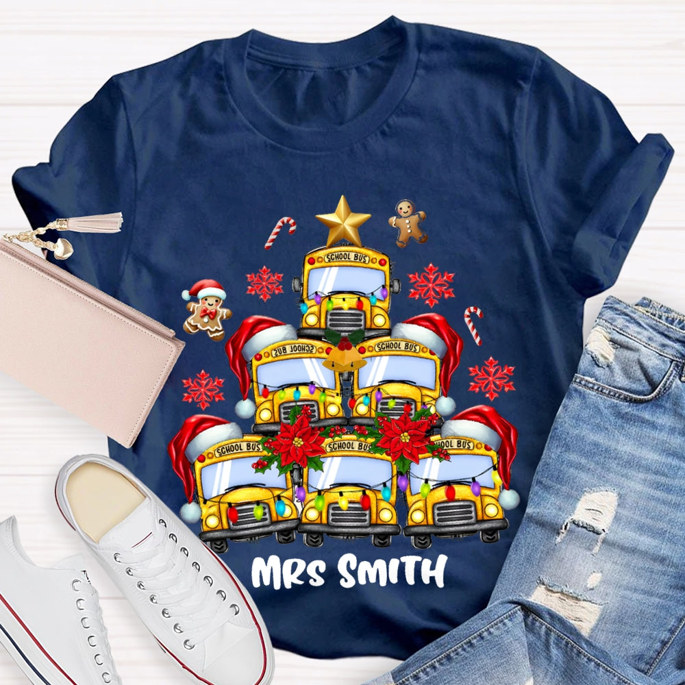 Personalized Name School Bus Snowflakes And Christmas T-shirt