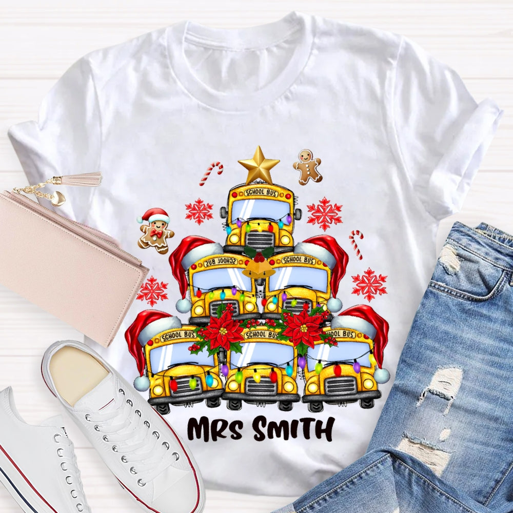 Personalized Name School Bus Snowflakes And Christmas T-shirt